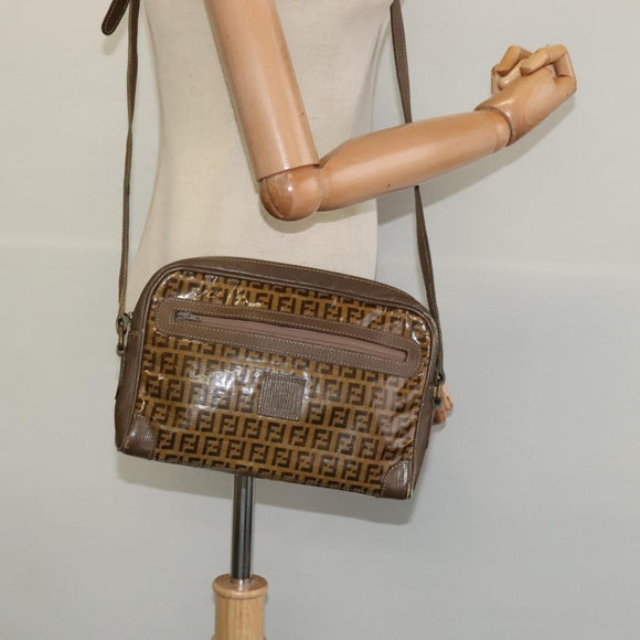 FENDI Zucchino Canvas Shoulder Bag Coated Canvas Brown Gold Auth th5787