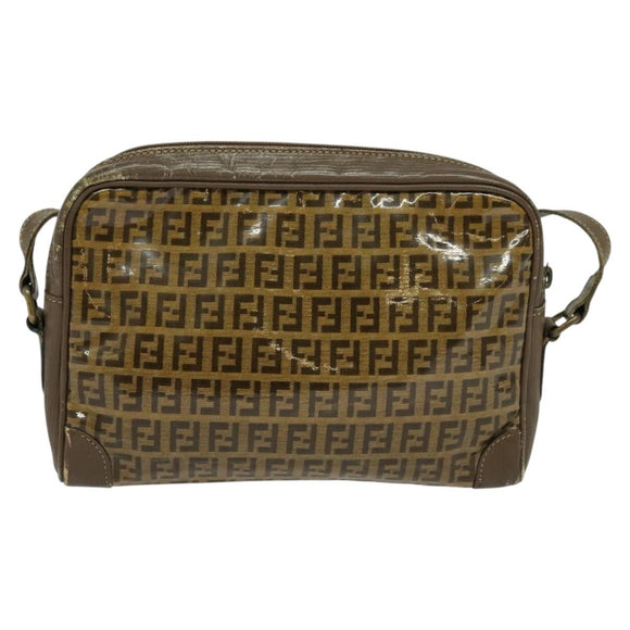 FENDI Zucchino Canvas Shoulder Bag Coated Canvas Brown Gold Auth th5787
