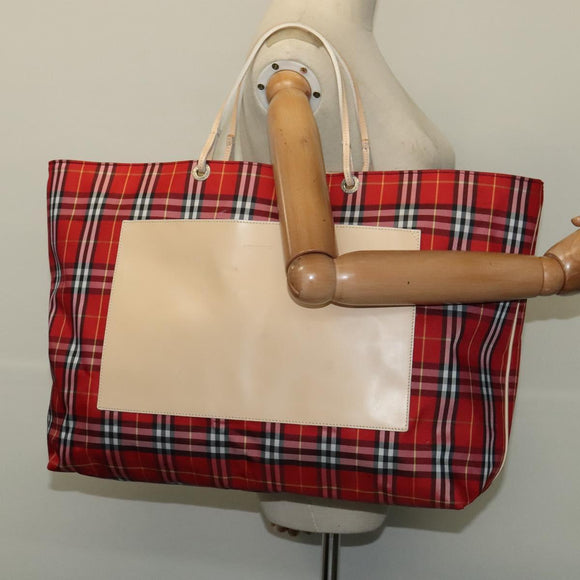 BURBERRY Nova Check Tote Bag Nylon Red Beige Auth th5793