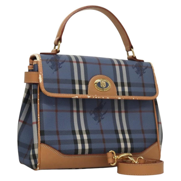 Burberrys Nova Check Hand Bag PVC Leather 2way Blue Auth th5802