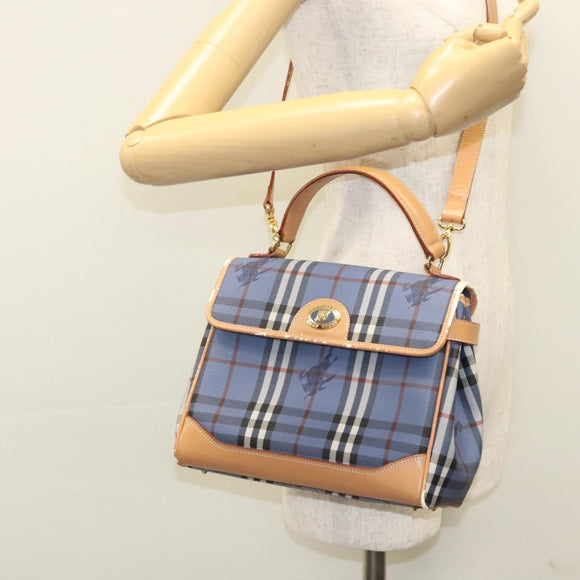 Burberrys Nova Check Hand Bag PVC Leather 2way Blue Auth th5802