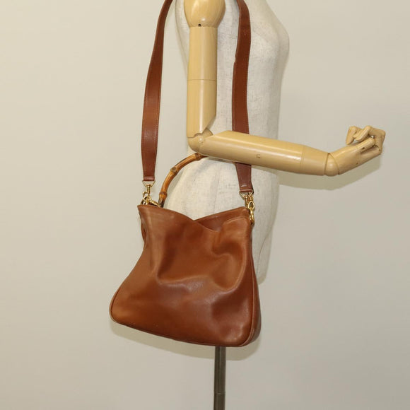 GUCCI Bamboo Hand Bag Leather 2way Brown Gold 001 3444 1638 Auth th5971