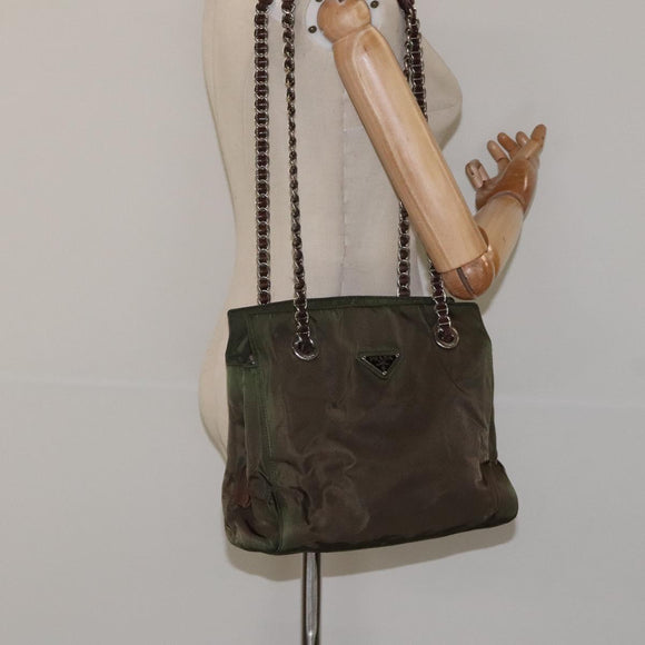 PRADA Chain Shoulder Bag Nylon Khaki Auth th6024