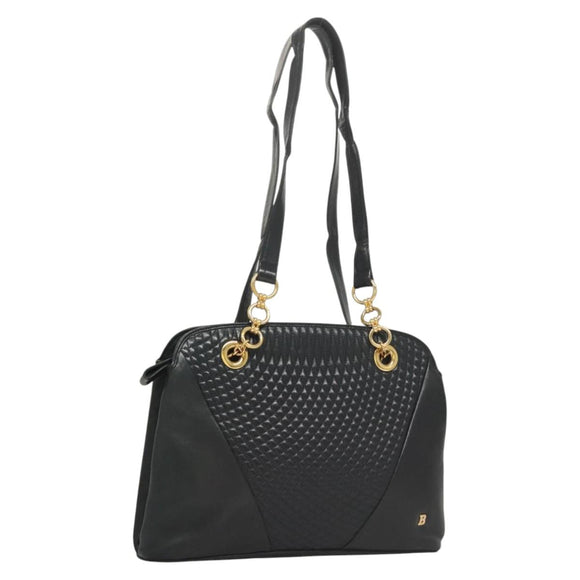 BALLY Quilted Shoulder Bag Leather Navy Gold Auth th6030