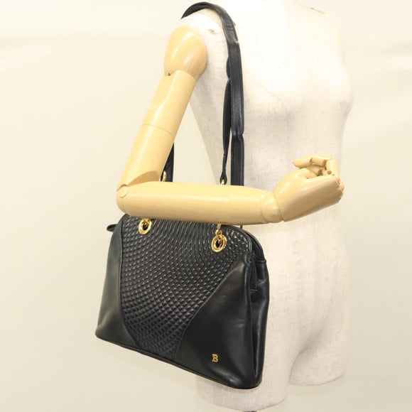 BALLY Quilted Shoulder Bag Leather Navy Gold Auth th6030