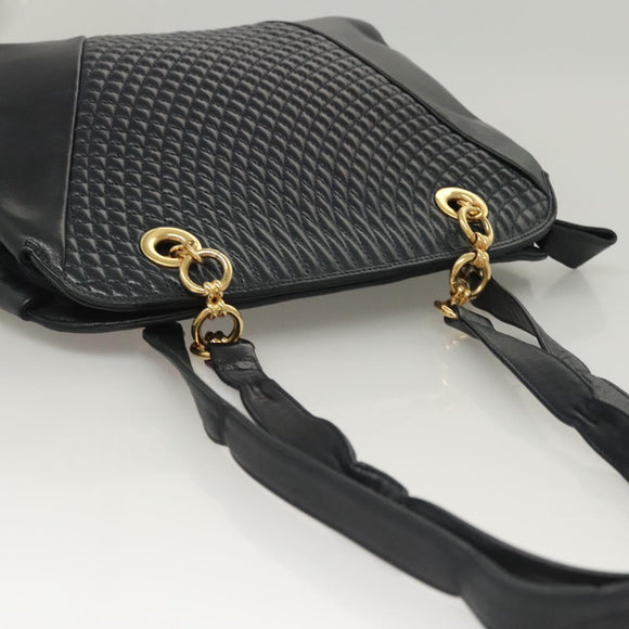 BALLY Quilted Shoulder Bag Leather Navy Gold Auth th6030