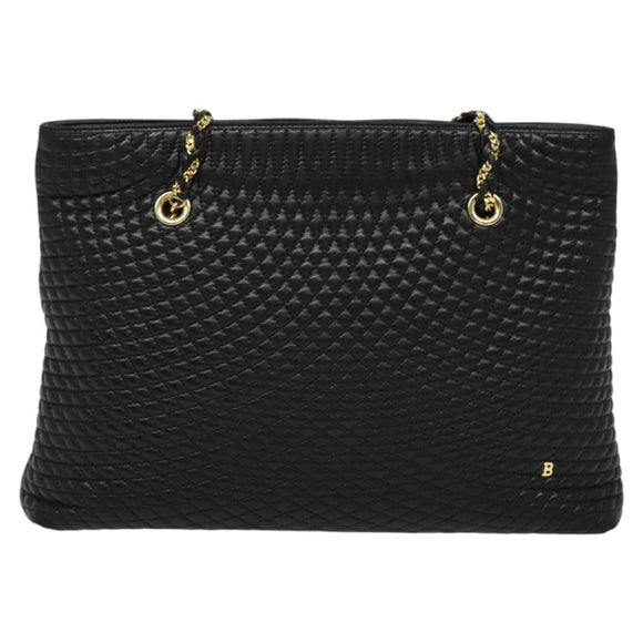 BALLY Quilted Chain Shoulder Bag Leather Black Gold Auth th6071