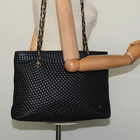 BALLY Quilted Chain Shoulder Bag Leather Black Gold Auth th6071