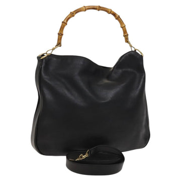 GUCCI Bamboo Hand Bag Leather 2way Black Gold 001 1577 Auth th6086