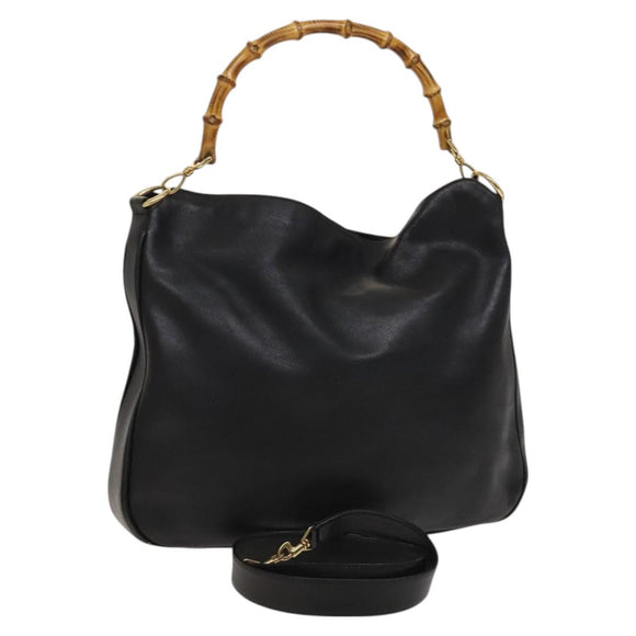 GUCCI Bamboo Hand Bag Leather 2way Black Gold 001 1577 Auth th6086