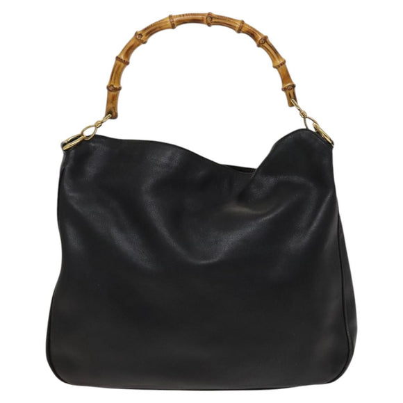 GUCCI Bamboo Hand Bag Leather 2way Black Gold 001 1577 Auth th6086