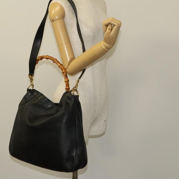 GUCCI Bamboo Hand Bag Leather 2way Black Gold 001 1577 Auth th6086