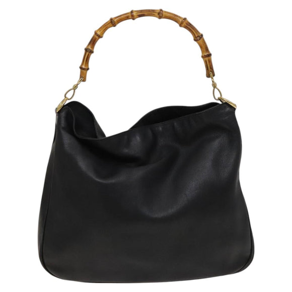 GUCCI Bamboo Hand Bag Leather 2way Black Gold 001 1577 Auth th6086