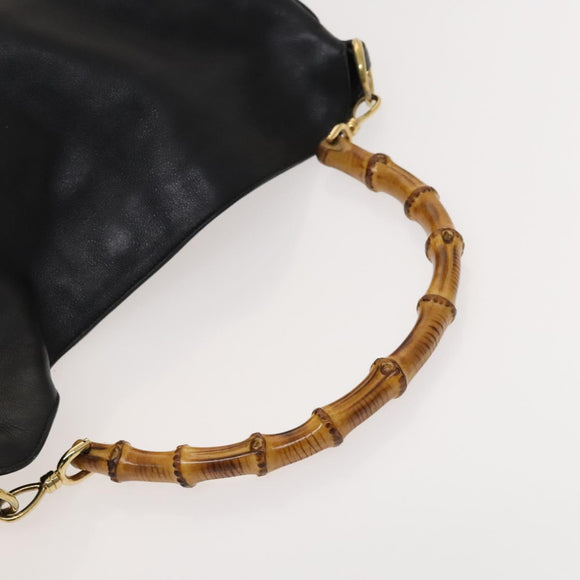 GUCCI Bamboo Hand Bag Leather 2way Black Gold 001 1577 Auth th6086