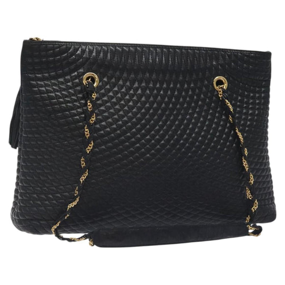 BALLY Quilted Chain Shoulder Bag Leather Black Gold Auth th6148