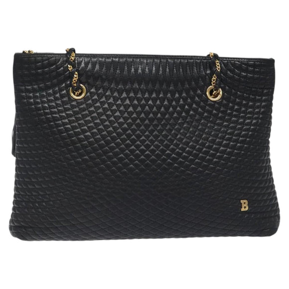 BALLY Quilted Chain Shoulder Bag Leather Black Gold Auth th6148