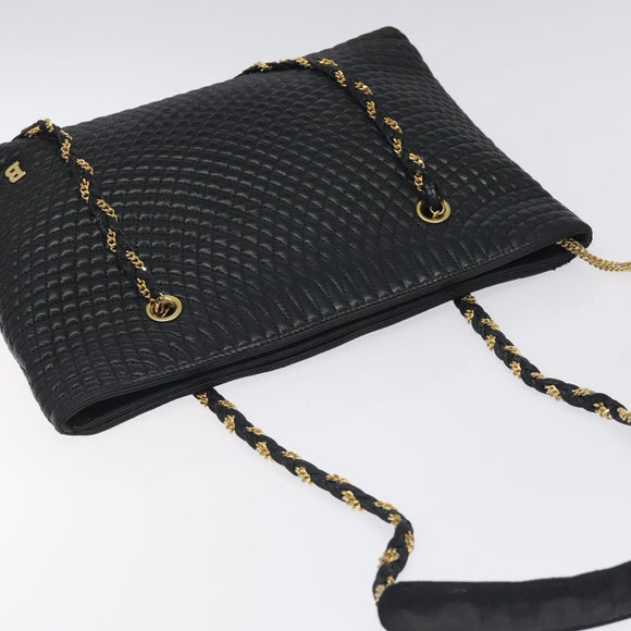 BALLY Quilted Chain Shoulder Bag Leather Black Gold Auth th6148