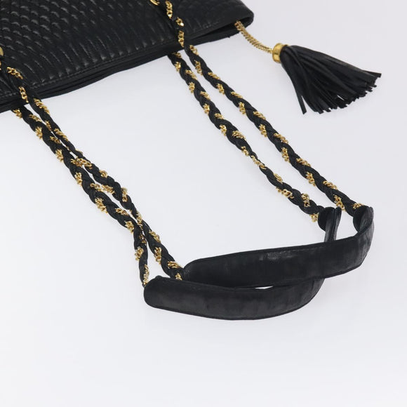 BALLY Quilted Chain Shoulder Bag Leather Black Gold Auth th6148
