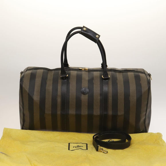 FENDI Pecan Canvas Boston Bag PVC 2way Black Brown Auth th6160