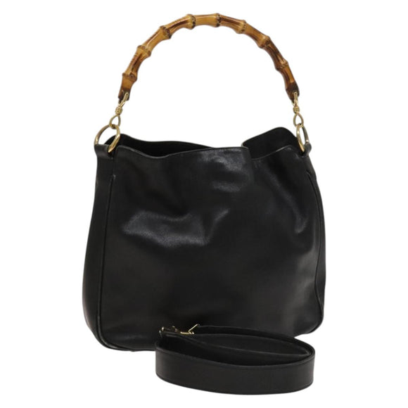 GUCCI Bamboo Hand Bag Leather 2way Black Gold 001 3754 1638 Auth th6215