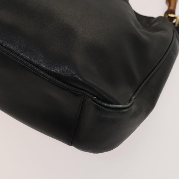 GUCCI Bamboo Hand Bag Leather 2way Black Gold 001 3754 1638 Auth th6215