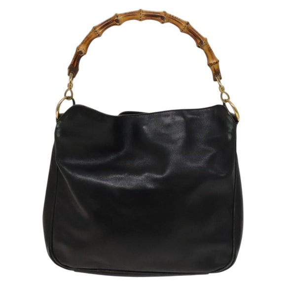 GUCCI Bamboo Hand Bag Leather 2way Black Gold 001 3754 1638 Auth th6215