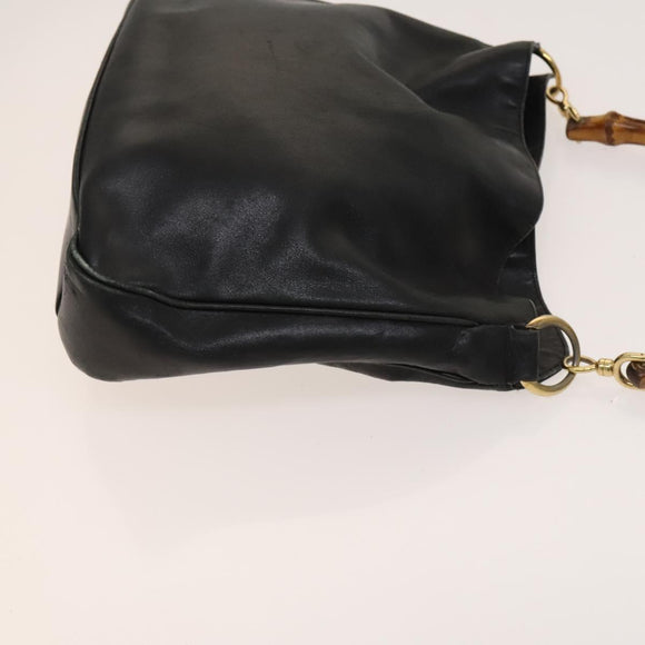 GUCCI Bamboo Hand Bag Leather 2way Black Gold 001 3754 1638 Auth th6215