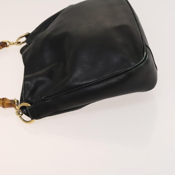 GUCCI Bamboo Hand Bag Leather 2way Black Gold 001 3754 1638 Auth th6215