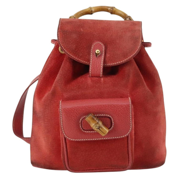 GUCCI Bamboo Backpack Suede Red Gold 003 2058 0030 Auth th6356