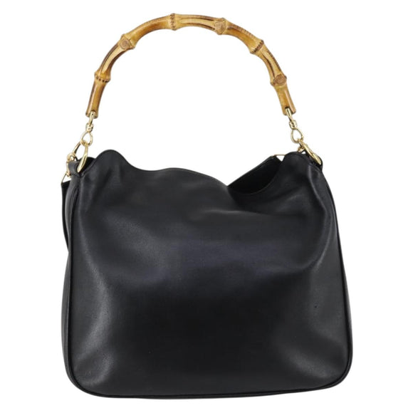 GUCCI Bamboo Hand Bag Leather 2way Black Gold 001 1638 Auth th6357
