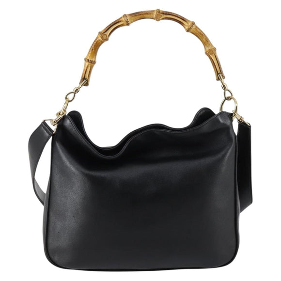 GUCCI Bamboo Hand Bag Leather 2way Black Gold 001 1638 Auth th6357