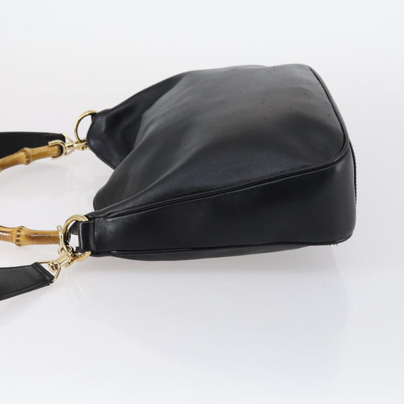 GUCCI Bamboo Hand Bag Leather 2way Black Gold 001 1638 Auth th6357