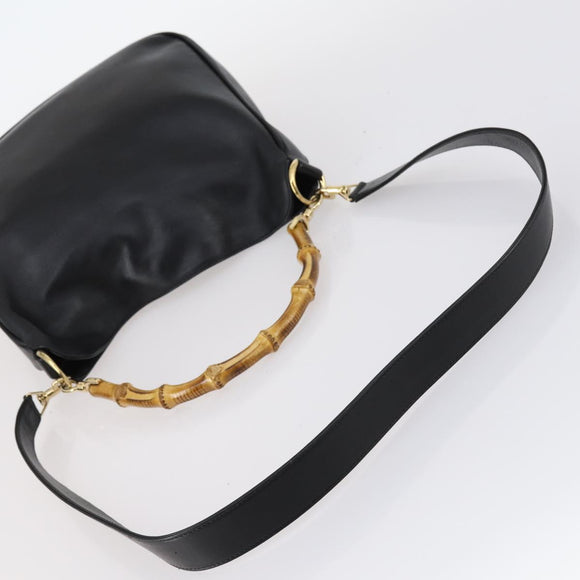 GUCCI Bamboo Hand Bag Leather 2way Black Gold 001 1638 Auth th6357