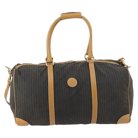 FENDI Pecan Canvas Boston Bag Coated Canvas 2way Black Brown Auth th6359
