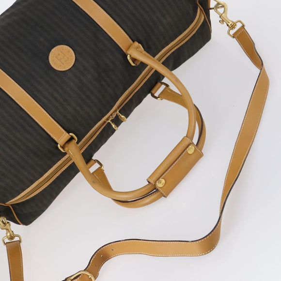 FENDI Pecan Canvas Boston Bag Coated Canvas 2way Black Brown Auth th6359