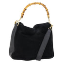GUCCI Bamboo Hand Bag Suede Leather 2way Black Gold 001 3444 1638 Auth th6369-1