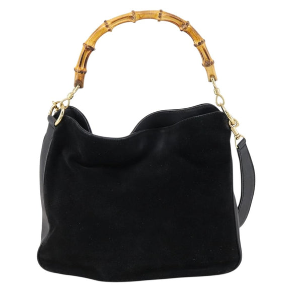 GUCCI Bamboo Hand Bag Suede Leather 2way Black Gold 001 3444 1638 Auth th6369