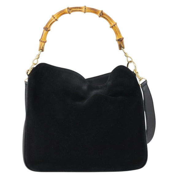 GUCCI Bamboo Hand Bag Suede Leather 2way Black Gold 001 3444 1638 Auth th6369