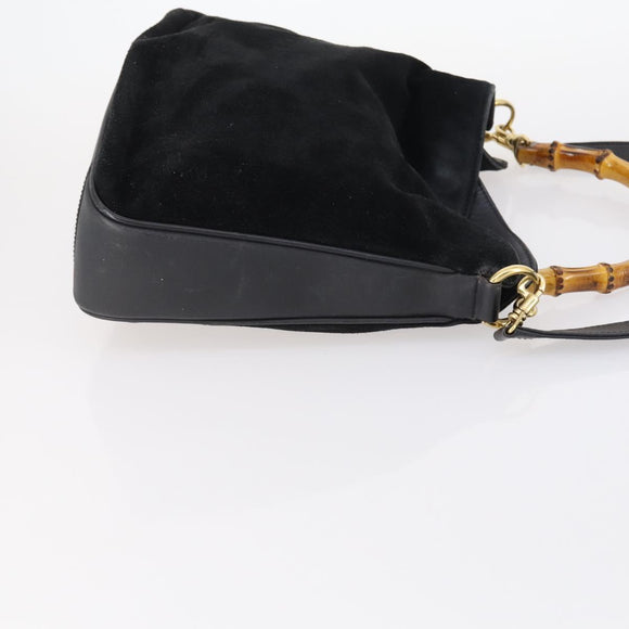 GUCCI Bamboo Hand Bag Suede Leather 2way Black Gold 001 3444 1638 Auth th6369