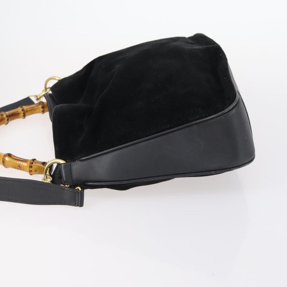 GUCCI Bamboo Hand Bag Suede Leather 2way Black Gold 001 3444 1638 Auth th6369