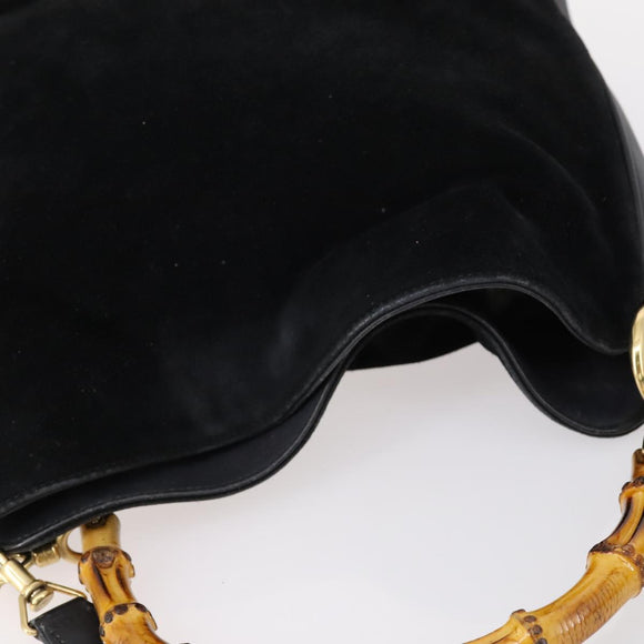 GUCCI Bamboo Hand Bag Suede Leather 2way Black Gold 001 3444 1638 Auth th6369