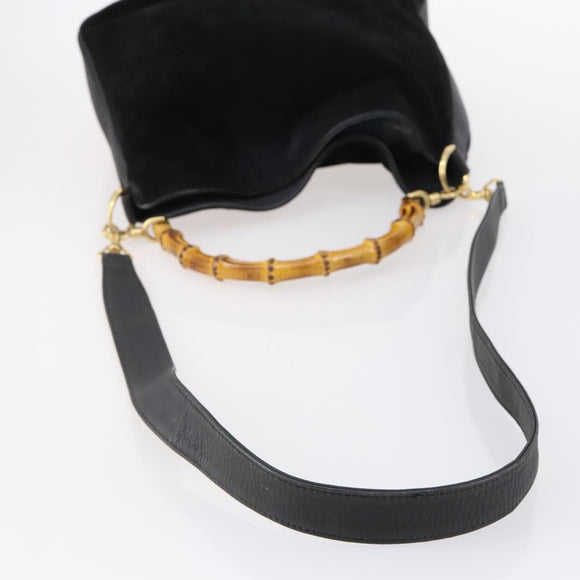 GUCCI Bamboo Hand Bag Suede Leather 2way Black Gold 001 3444 1638 Auth th6369