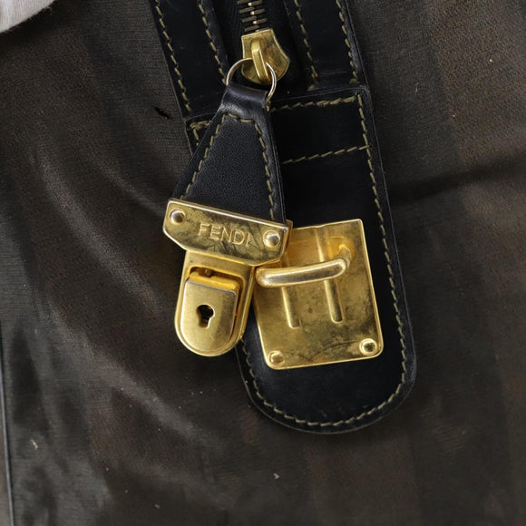 FENDI Pecan Canvas Boston Bag PVC 2way Black Brown gold Auth th6392