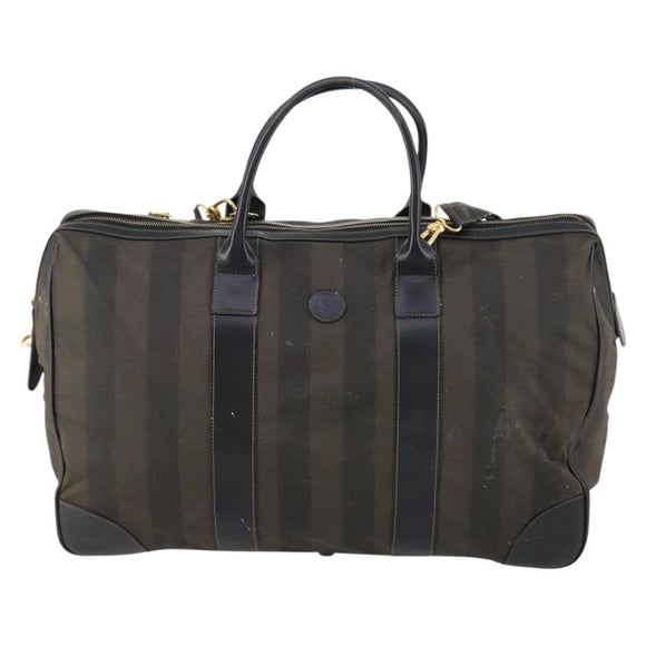 FENDI Pecan Canvas Boston Bag PVC 2way Black Brown gold Auth th6392