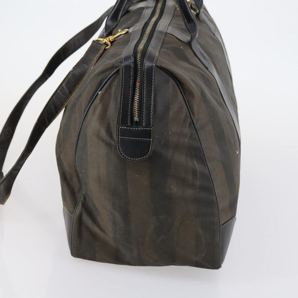 FENDI Pecan Canvas Boston Bag PVC 2way Black Brown gold Auth th6392