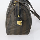 FENDI Pecan Canvas Boston Bag PVC 2way Black Brown gold Auth th6392-4