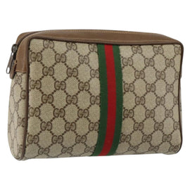 GUCCI GG Canvas Web Sherry Line Clutch Bag PVC Leather Beige Green Auth th6400