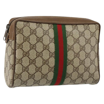 GUCCI GG Canvas Web Sherry Line Clutch Bag PVC Leather Beige Green Auth th6400