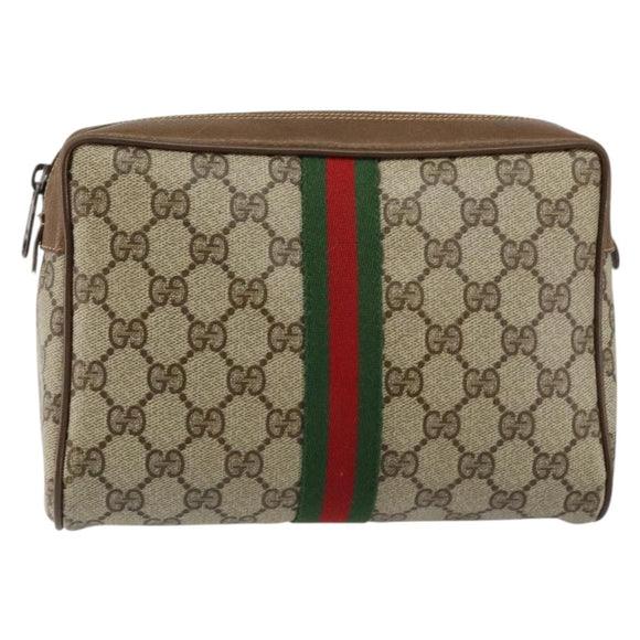 GUCCI GG Canvas Web Sherry Line Clutch Bag PVC Leather Beige Green Auth th6400