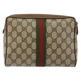 GUCCI GG Canvas Web Sherry Line Clutch Bag PVC Leather Beige Green Auth th6400 - 0